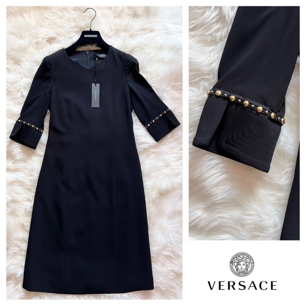New! VERSACE Logo Studded Sleeve A-Line Dress IT 36